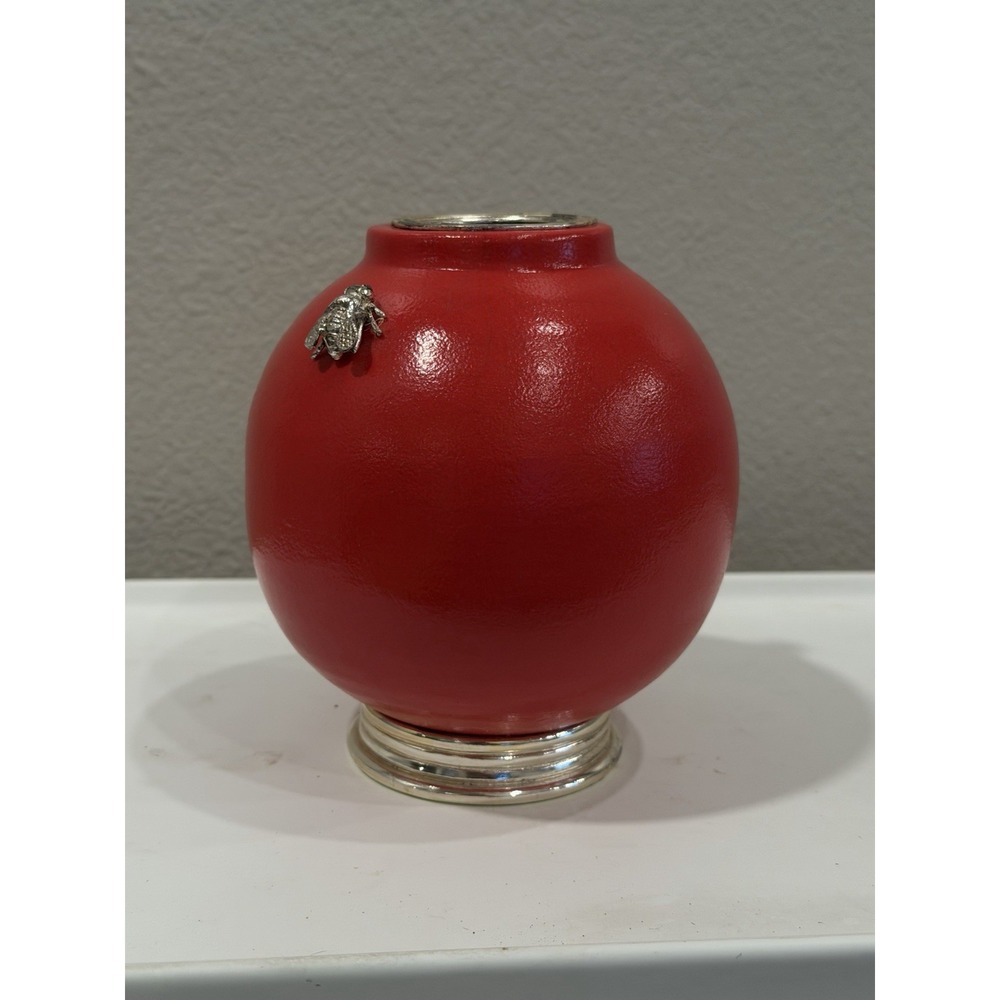 ORNO Mexico Pewter Red Round Jar Vase Honey Bee Accents Mexican Art Pottery
